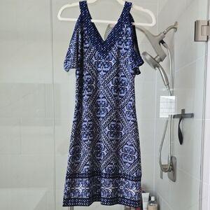 White House Black Market Blue and White Printed Midi Dress